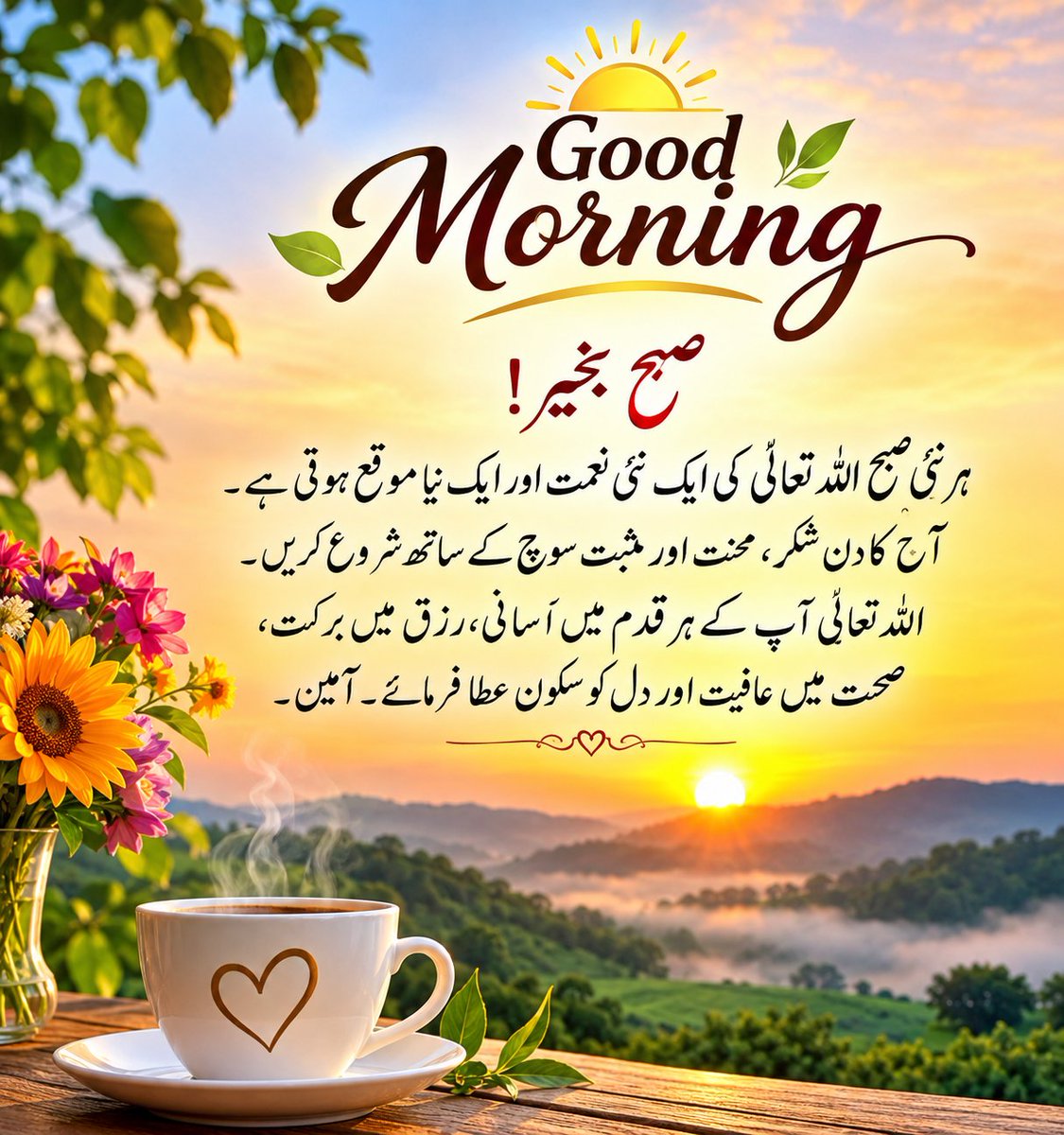fuzail_14's tweet photo. 🌅 صبح بخیر!

ہر نئی صبح اللہ تعالیٰ کی ایک نئی نعمت اور ایک نیا موقع ہوتی ہے۔
آج کا دن شکر، محنت اور مثبت سوچ کے ساتھ شروع کریں۔

اللہ تعالیٰ آپ کے ہر قدم میں آسانی، رزق میں برکت، صحت میں عافیت اور دل کو سکون عطا فرمائے۔ آمین۔ 🤲✨

#GoodMorning #صبح_بخیر #MondayMotivation #PositiveVibes