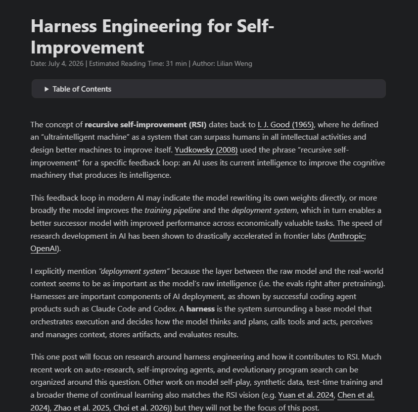 micahomnd's tweet photo. Lilian Weng  @ OpenAI on Harness Engineering

a deep breakdown of harness design patterns,  workflow automation, persistent memory via file systems, and how modern agents like claude code actually work. the best blog post I've read all month.

link: https://t.co/k5m2QmmUFc https://t.co/UqtKeWlu7l