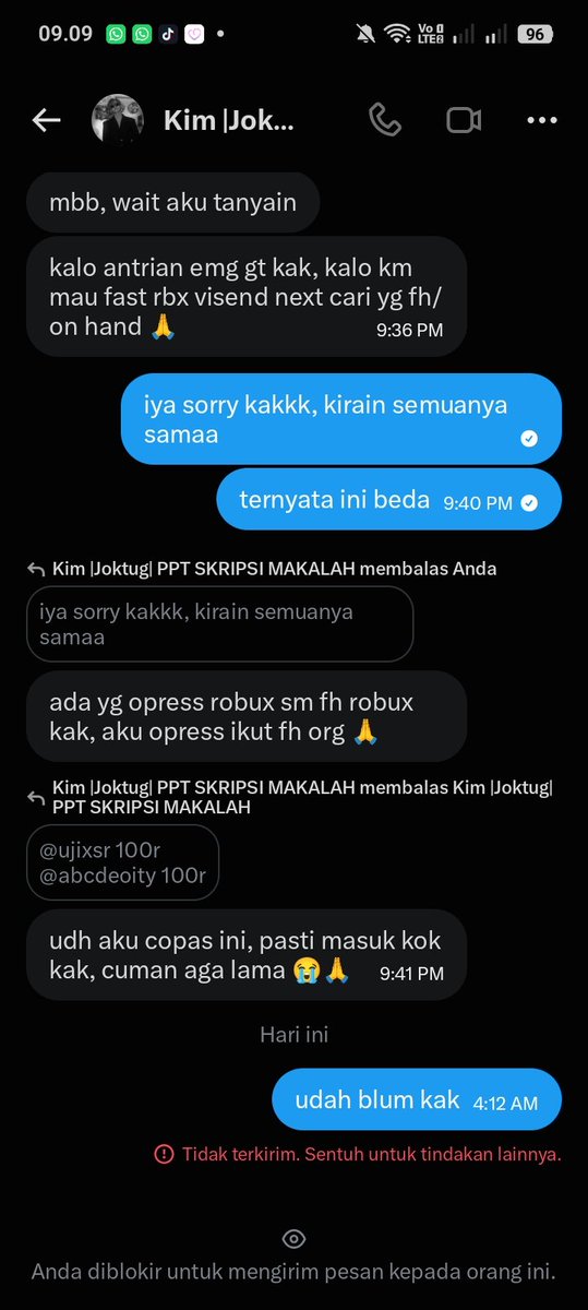 0_glowryy's tweet photo. info dong kawan, ini aku bneran di tipu kah jirs beli robux pake fh fh mana pertama kali aku nemu konsep dia jualin dri fh. pelajaran buat aku, beli d yg pasti² aja😔☝🏻 #robux #zonauang #freelance #roblox https://t.co/iOAfYSmxOK