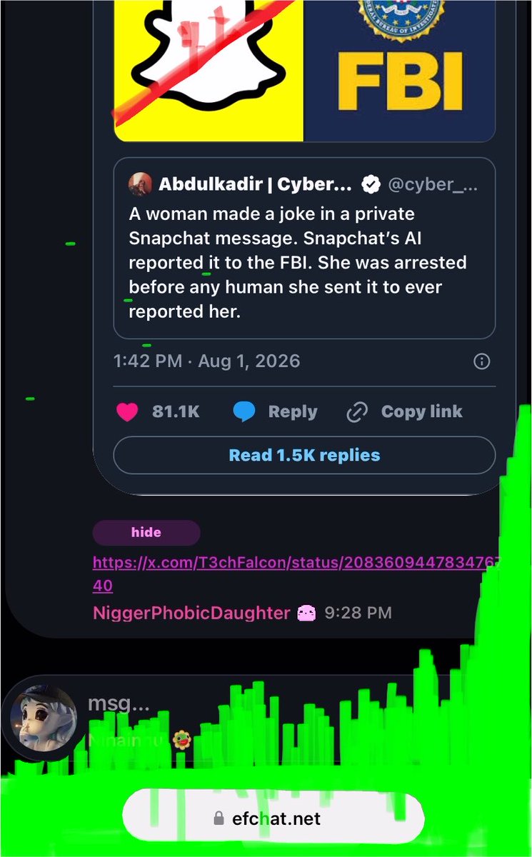 NinaInnuu's tweet photo. I’m Long on https://t.co/OU12oKf20E Short on every other non Ephemeral shitlib SMSite combined tbh. All these companies will die and rot in their own blood. You mark my words. Efchat is Ephemeral by design, since Day One. #FreeSpeech #InTheMoment #Ephemeralwebsites #EphemeralLLC https://t.co/4s1LhGg7Bj