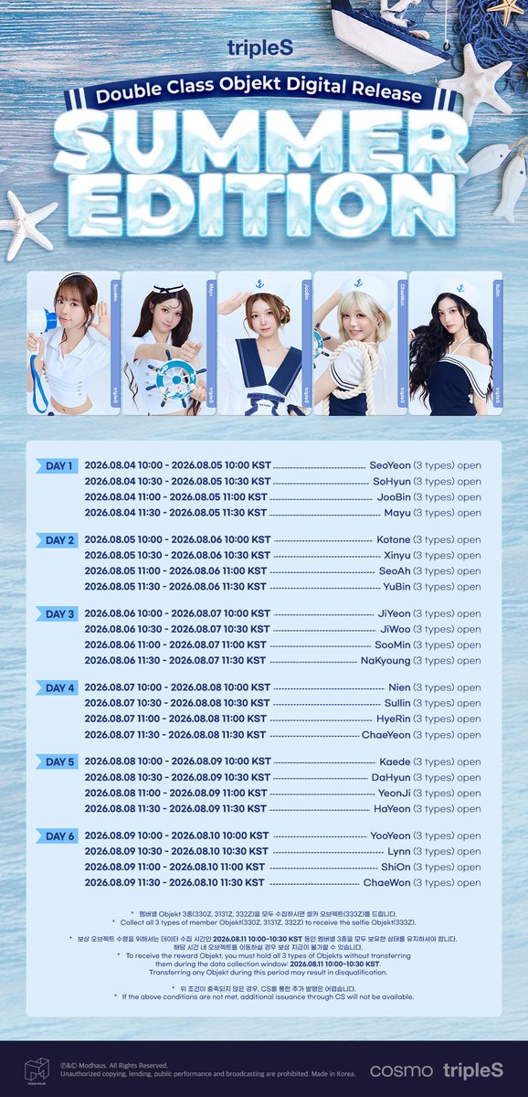 triplescosmos's tweet photo. tripleS Summer Edition
Double Class Objekt
Digital Release

📆 Schedule
2026.08.04 10:00 ~ 2026.08.10 11:30 KST

Check out in <COSMO : the Gate>
🔗https://t.co/RcKzBcuILJ

#tripleS #트리플에스 https://t.co/BA9grd7JbV