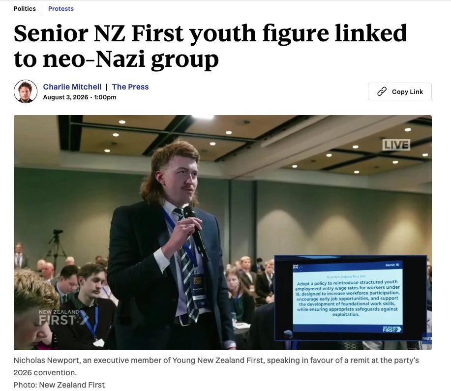 DarrenWatson_NZ's tweet photo. " Under a former name, Nicholas Wells, he appeared at two protests involving far-right activists and was linked to accounts expressing support for the National Socialist Network (NSN), an Australian neo-Nazi organisation that later rebranded as White Australia. The Australian Government designated White Australia a prohibited hate group in May."

#nzpol