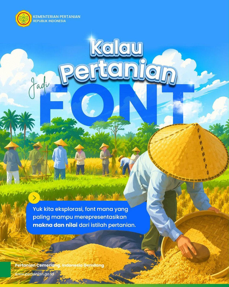 psekp_kementan's tweet photo. SobaTani, pernah kepikiran kalau setiap istilah pertanian ternyata punya font? Yuk, swipe dan temukan filosofi di balik setiap pilihan font. Menurut Sobat Tani, font mana yang paling cocok? Tulis di kolom komentar ya!
#HUT81KemerdekaanRI #PertanianIndonesia #BerdaulatAdilMakmur https://t.co/quCttrCkMD