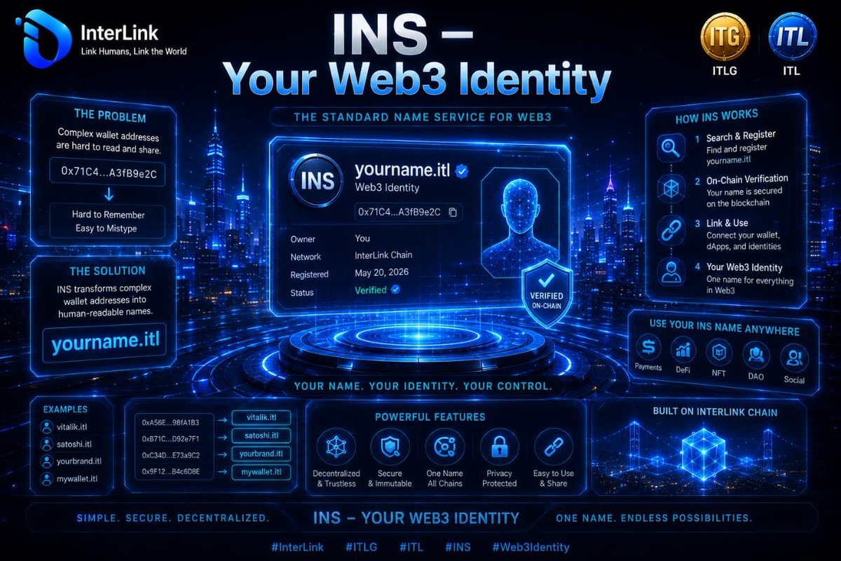 kalyani_ve20269's tweet photo. #InterLink #ITLG #ITL #InterLinkAmbassador
INS is a decentralized naming service that replaces long, difficult blockchain wallet addresses with easy-to-read names ending in .itl (for example, yourname.itl). https://t.co/Vy3KykIo2z
