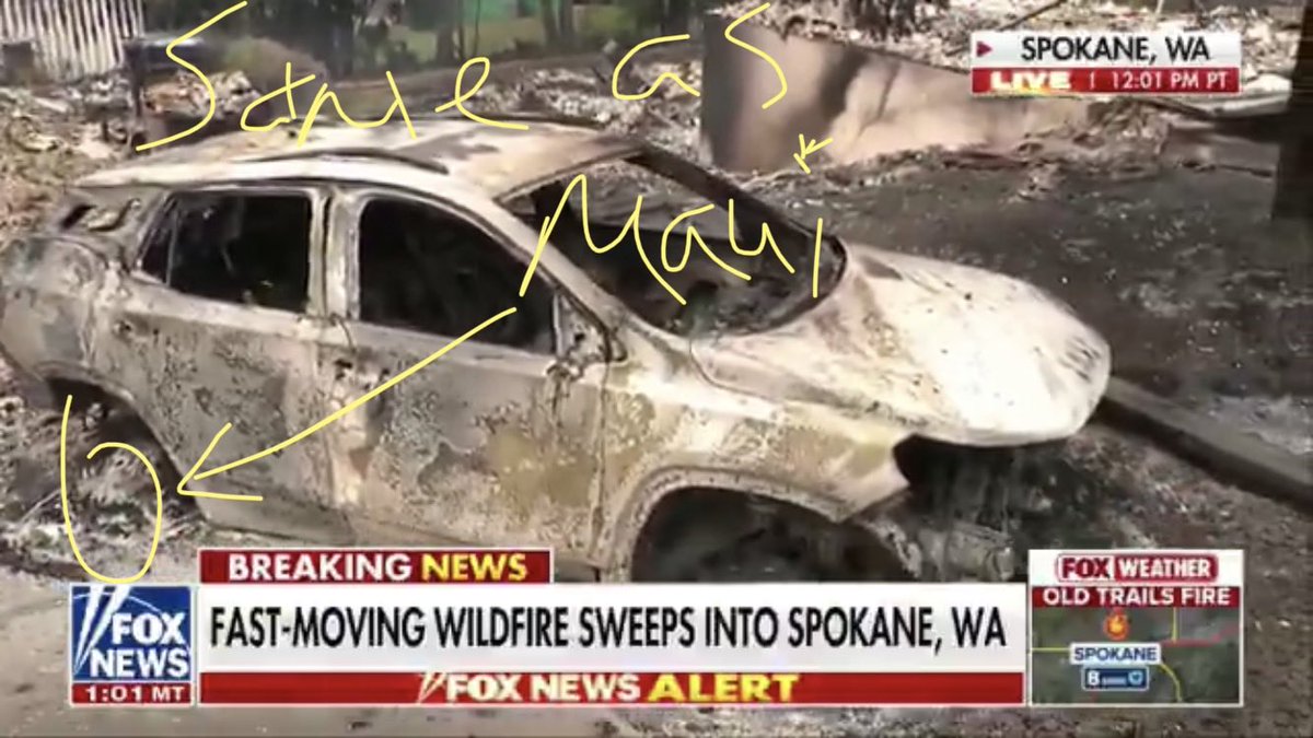 TheQNewsPatriot's tweet photo. So a supposedly uncontained wildfire is hot enough to melt car tires, and the metal wheel rims they’re put on, but not the surrounding forest? Or the tree 10 feet away? https://t.co/KjBPVoDBp1