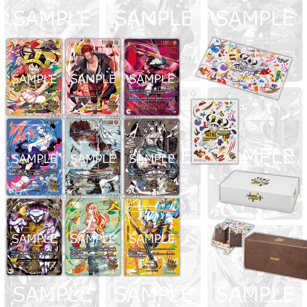 AndyCollectz's tweet photo. Official look at the new Japanese OPTCG 4th Anniversary Set!

Contents:
-Promo Card x9
-Playmat
-Sleeves x1 (70 ct)
-Package
-Card Case

MSRP 18,700 JPY = ~119.51 USD
Releases February 2027 🗓️ https://t.co/a7rgmaAJJV