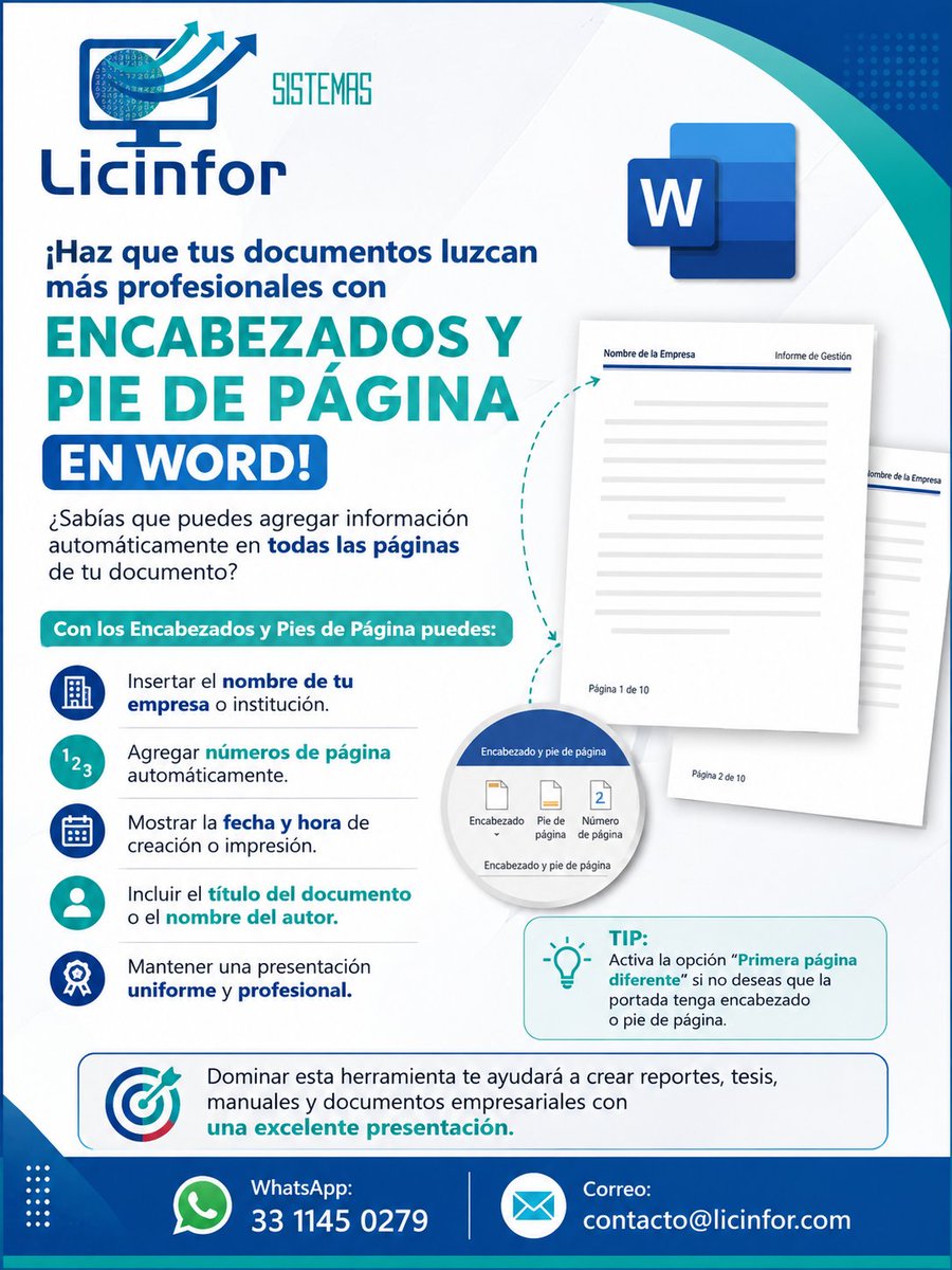 LicinforGdl's tweet photo. 📄 ¡Haz que tus documentos luzcan más profesionales con Encabezados y Pie de Página en Word!
📲 WhatsApp: 33 1145 0279
📧 Correo: contacto@licinfor.com
#Word #MicrosoftWord #Office #Productividad #DocumentosProfesionales #Capacitación #Cursos #Licinfor #Ofimática #AprendeWord https://t.co/tt2c9JYYYK