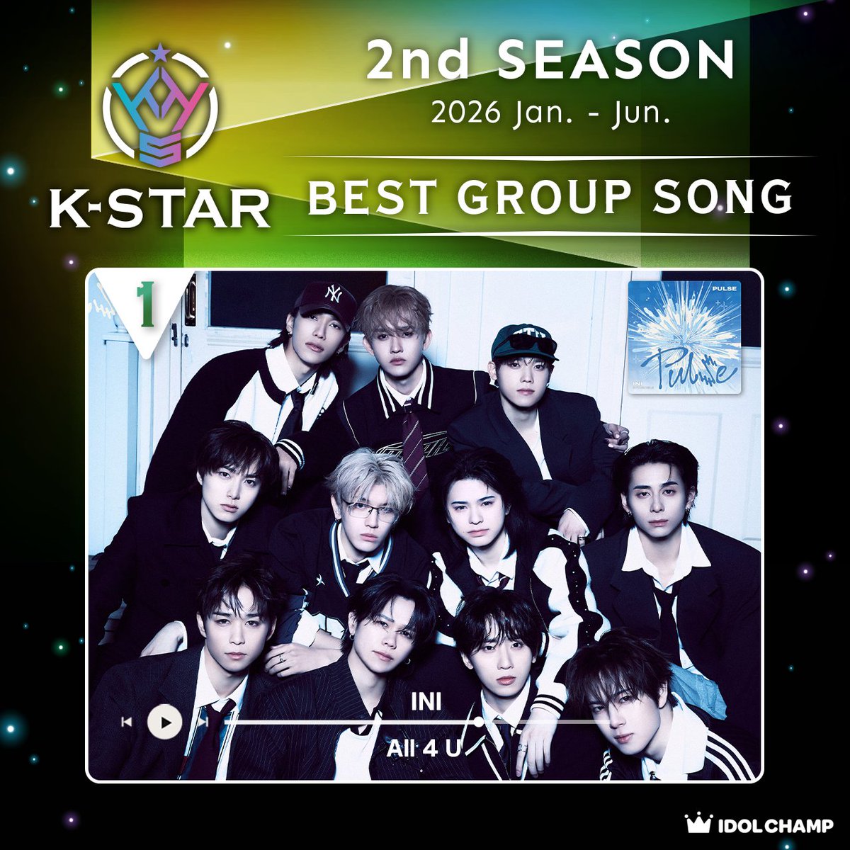 idolchamp_jp's tweet photo. 👑K-STAR CHART 2026 2nd Season👑
🎤Best Group Song🎤

優勝は
🎉INI ‐ All 4 U🎉

優勝おめでとうございます👏💕

#IDOLCHAMP #Kるーむ https://t.co/uTRqoGBtKr