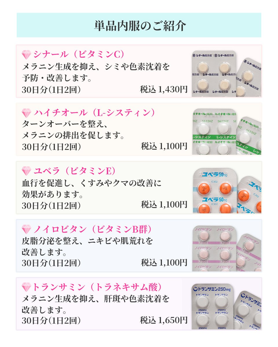 biyohihuka_kobe's tweet photo. 💊 シミ・ニキビ・肝斑のお悩みに✨

治療や美容施術と併用して、内側からのケアに、
食事で不足しがちなビタミンを、美容内服として追加されるのもオススメです💊

お悩みに合わせてご提案しますので、お気軽にご相談ください🌿

#美容内服 #ニキビ #シミ #肝斑 #美肌ケア https://t.co/Nrxi5eEJTR