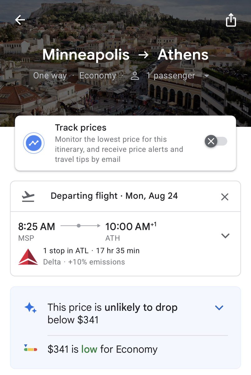 kpottermn's tweet photo. Of all the absurd examples of how nonsensical airfare can be, this might just the absurd-est:

Nonstop from MSP to ATL: $459 one way

MSP to Athens (you know, the one in Greece) … via one of those same flights to ATL: $341 one way

via @PawneeParkRec https://t.co/ErkOLlsOtn