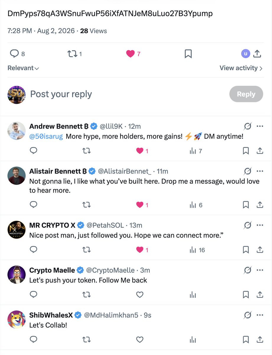 50isarug's tweet photo. fake accounts. fake replies. fake rumors.

none of it matters.

they can copy us, clown us, or spam us all day.

$50 was never about looking serious.
it was always about making the timeline entertaining.
zero utility. maximum memes.

if you're here, welcome to the dumbest community on Solana. 🫡

3Q9JYyNEwzshLKjsDUS3LWAu5nTFDKMK2HeNEMccwMTF
