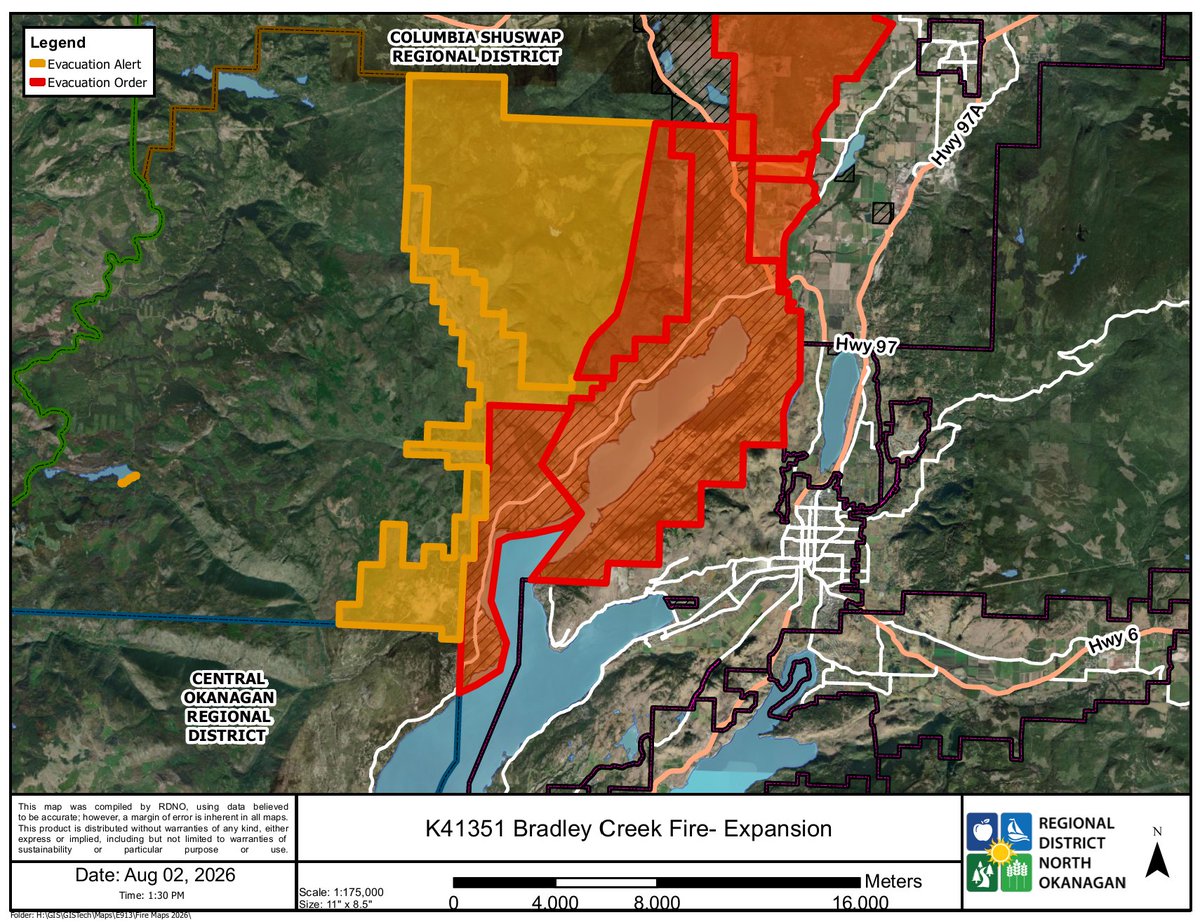 EmergencyInfoBC's tweet photo. The Regional District North Okanagan has EXPANDED an Evacuation Alert area in Electoral area B, west of 6 Mile Creek Rd due to the Bradley Creek #BCWildfire (K41351). Anyone in the Evacuation Alert area must be ready to leave on short notice. More info: https://t.co/EQF7IrVFSB #Okanagan #BC