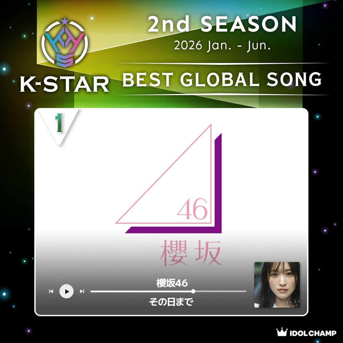 idolchamp_jp's tweet photo. 👑K-STAR CHART 2026 2nd Season👑
🎤Best Global Song🎤

優勝は
🎉櫻坂46 ‐ その日まで🎉

優勝おめでとうございます👏💕

#IDOLCHAMP #Kるーむ https://t.co/PZddpPHaOw