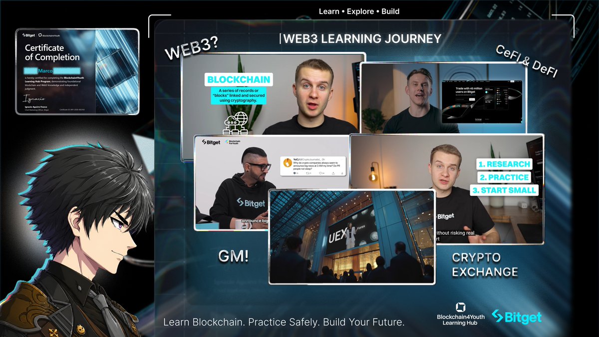 marcovbs_nft's tweet photo. Hello! I'm Marcovbs as Bitget Intern Builder.

Recently I just finished the Bitget Academy (B4Y Learning Hub). and received my Certi, that's big milestone to me!

I learned a lot from this program Not just about Web3, crypto, and blockchain, but also about the right mindset, behavior, and actions to have in the Web3 space.

I think it's worth learning these things because technology keeps growing, and we should keep learning too.

I also learned the basics of important Web3 concepts:
The difference between CeFi and DeFi,
How smart contracts work, the importance of Risk management,
And the different parts of a blockchain.

These lessons gave me a better understanding of how the Web3 ecosystem works and why each part matters.

One thing I really like about Bitget Academy (B4Y Learning Hub) is how they make Web3 easy to understand for beginners.

They don't just teach the basics They also give you opportunities to learn more, improve your knowledge, and continue growing in the Web3 space.

Thank you @bitget (Blockchain4Youth).