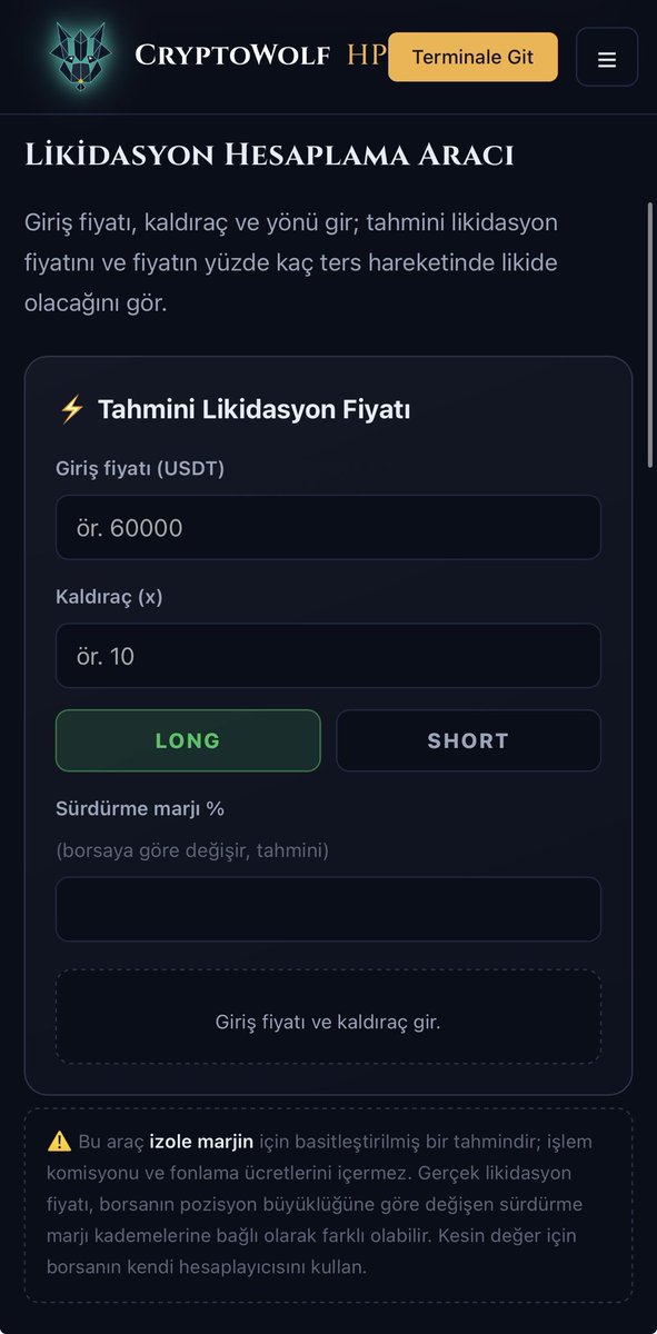 HKNWLF's tweet photo. ⚠️ Likidasyon fiyatını hesaplamadan pozisyon açan çok insan var.

"10x'te %10 düşerse yanarım" diye biliniyor ama bu eksik. Bakım teminatı, çapraz moddaki diğer pozisyonların bakiyesi ve ödediğin fonlama o seviyeyi sürekli kaydırıyor.

🐺 Rehberin içine hesaplama aracı koydum. Giriş fiyatı, kaldıraç ve teminatı yaz — seviyeyi gör.

Kayıt yok, ücret yok.

👇 Link ilk yorumda

#kripto #Bitcoin #liq #btc #CryptoMarket
