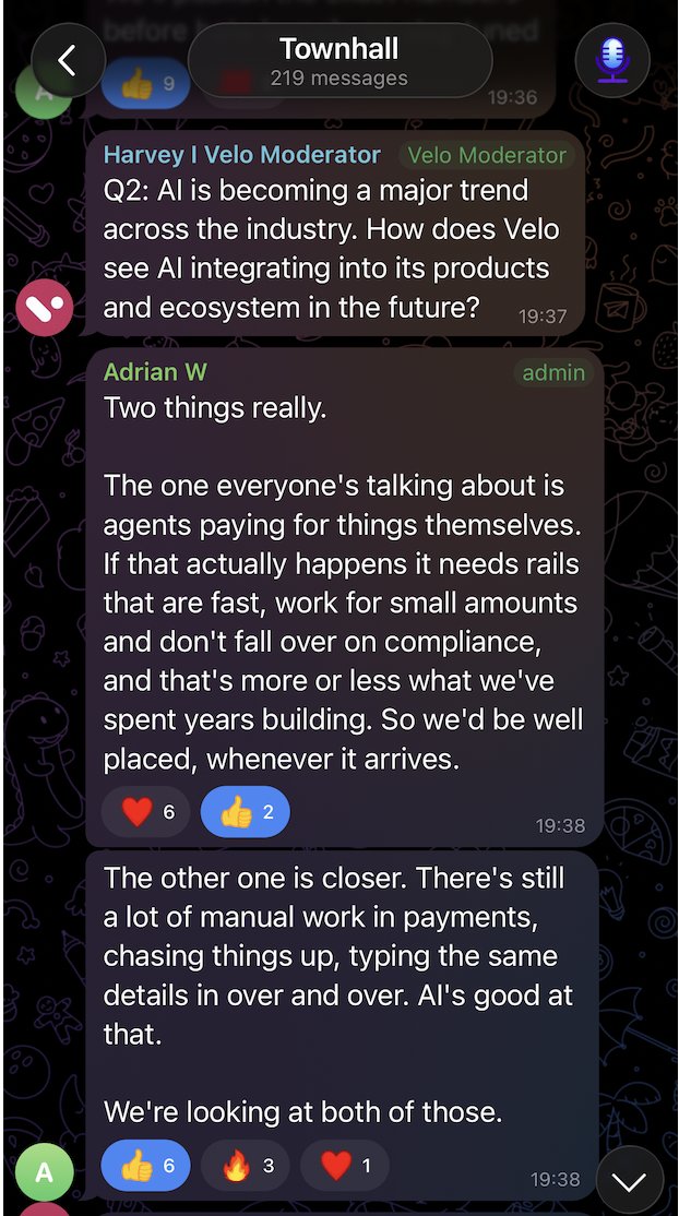 Pure8Nature's tweet photo. $VELO l @veloprotocol l @VeloOfficial_KR 

Summary from the recent VELO Townhall on 31 Jul

1⃣ @BinanceUS Listing

1. Mainly boosts credibility. Getting listed means the exchange has done its own due diligence, which acts as a positive signal.
2. Listings are just a door. Real value comes from building useful products so people actually use the token.
3. Possible Binance Global listing: The decision is entirely up to Binance. VELO focuses on growing volume, users, and staying compliant.
4. This milestone is one positive step, not the end goal. Real value comes from actual usage (transactions, card spending, off-ramp activity). Listings simply make it easier for people to enter.

2⃣ Debit Card - Current status

Commercial agreements are done. The project is now in the integration and compliance phase with multiple partners. Development and integration continue. Details will be shared as they become available.

Spending limits 💳 
- There will be daily/monthly limits set by the card issuer and scheme (not only by VELO)
- Limits depend on the user’s verification level (fully verified users get higher limits). Exact numbers will be published before the beta.

3⃣ Orbit Plus Off-Ramp - Current status

Development is progressing well. Next milestone is a beta launch in selected countries to expand real-world payment options.

A small group of community testers will be invited. Registration details will be posted on Telegram and X. Feedback (including bugs) is welcome.

Off-Ramp lets users convert crypto to local currency and withdraw to a bank. The card lets users spend crypto directly without cashing out. Together they create a more complete payment experience.

4⃣ Orbit Plus (Wallet/App) - Latest updates

Orbit Plus is becoming the main gateway to the whole VELO ecosystem (Off-Ramp, upcoming debit card)

Continuous UX improvements are underway. 
An upcoming app update will log existing users out, back up your recovery phrase (seed phrase) before updating or logging back in, or you may lose access.

Orbit Plus is more than a wallet. It’s the entry point for storing assets, sending/receiving tokens, Off-Ramp, Debit Card. 

5⃣ AI Integration (Future Plan) 🤖

VELO sees 2 main opportunities
1. Enabling AI agents to make payments themselves 
2. Using AI to automate repetitive manual work in payments.