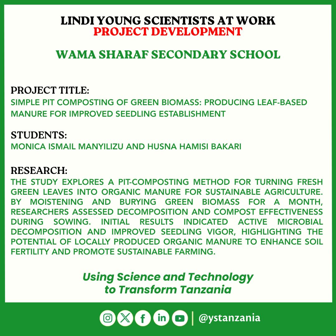ystanzania's tweet photo. Young innovators Monica Ismail Manyilizu and Husna Hamisi Bakari of Wama Sharaf Secondary School are developing a simple pit-composting method to convert green leaves into organic manure for sustainable agriculture. #ScienceForDevelopment #STEM #Innovation https://t.co/wsxMTsETBf