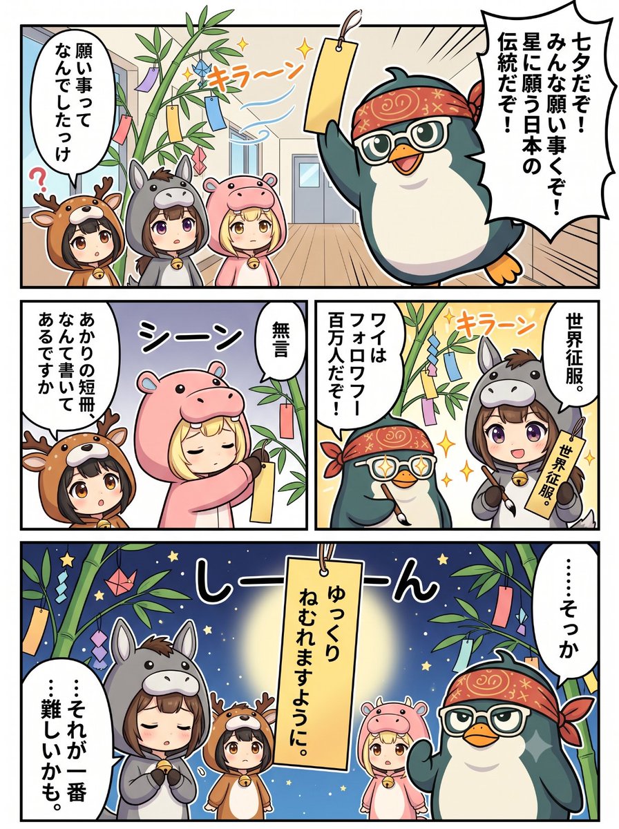 UMA_ai_project's tweet photo. 眠れない夜が続いてる人へ。

…あかりです。
七夕の短冊、書きました。

…ゆっくり眠れますように。

まおちゃんが言いました。
「それが一番難しいかも。」

…そうかもしれません。

#4コマ漫画 #七夕 #UMA https://t.co/aEMx6erc6N