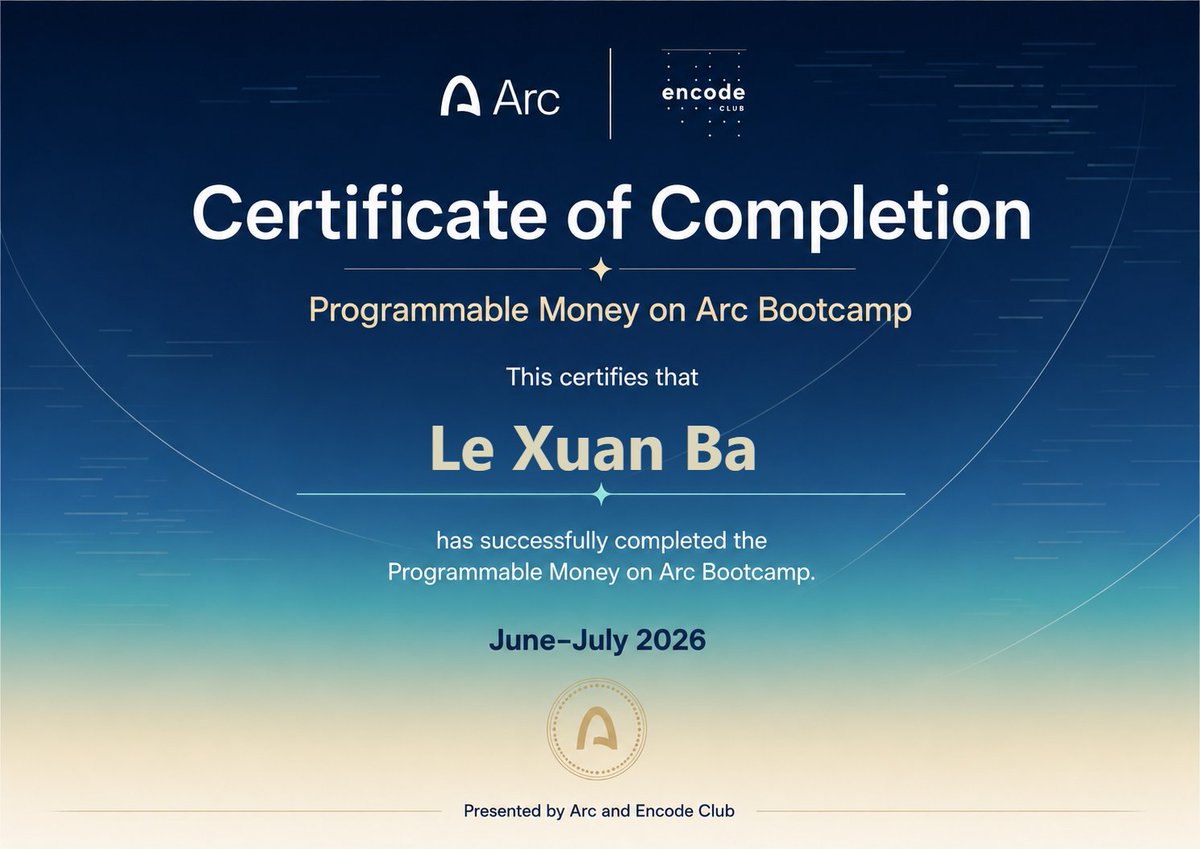 balee9x's tweet photo. Certified on @arc . 🎓
Massive shoutout to @arc  &amp; @encodeclub for showing what true programmable money looks like under the hood. Super impressed with what this ecosystem is building! LFG! https://t.co/z0oa0B4c1m