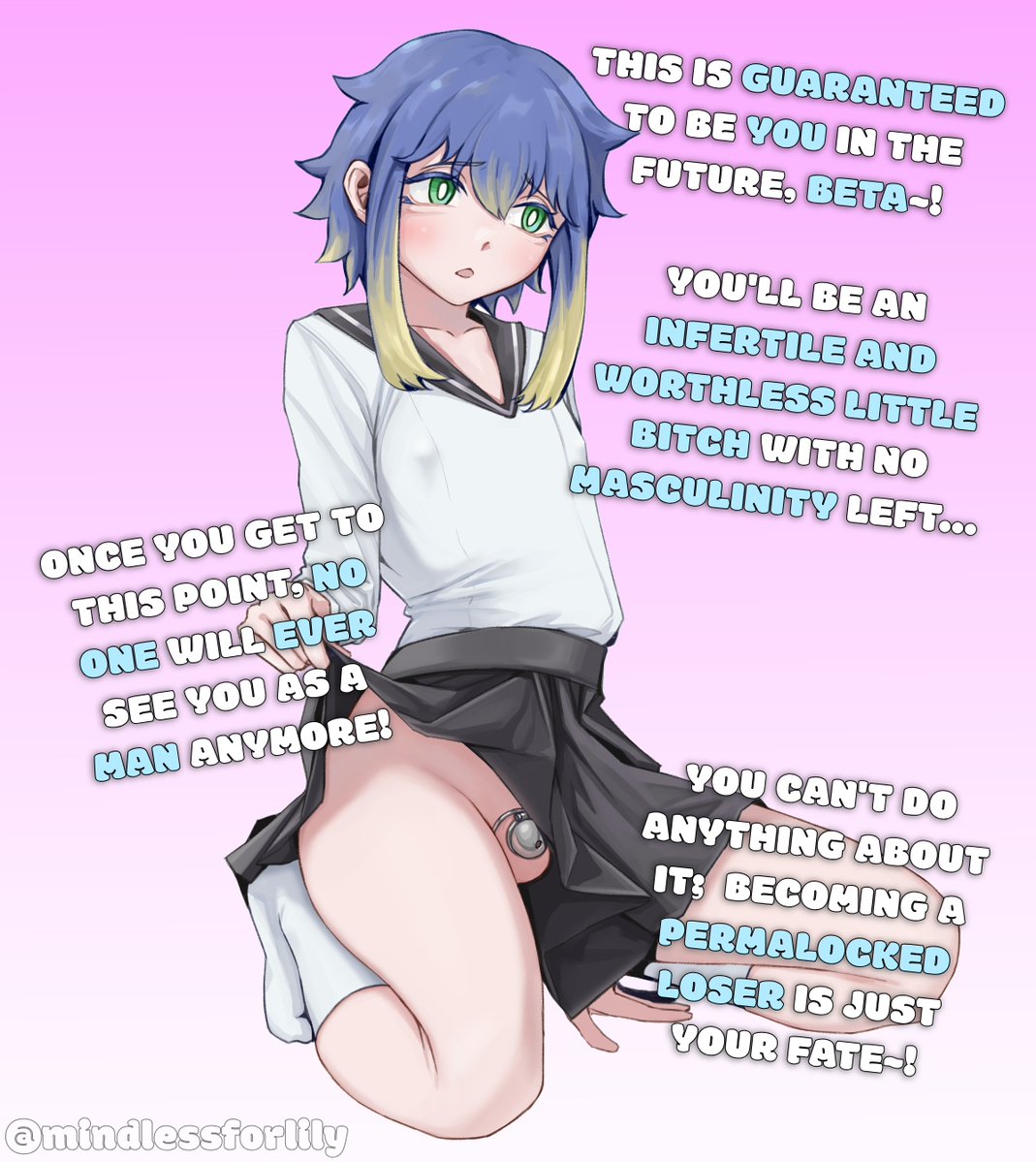 mindlessforlily's tweet photo. No matter what you do, you're going to end up in this position eventually, loser~!

You'll be a feminized and permalocked loser with no hopes of becoming any less pathetic...

If the idea of that turns you on, you might as well just speed up the process! 💜 https://t.co/qkwqwzeA8z