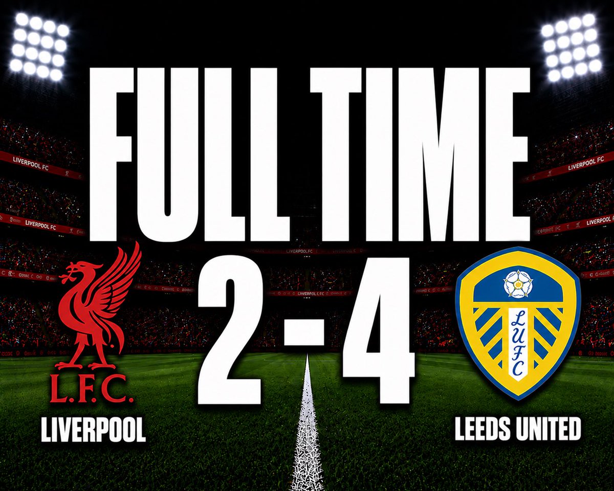 FC7897's tweet photo. FT #LFC 2-4 #LUFC | Liverpool led 2-0 at the break through Chambers and Wirtz, but Leeds turned the game around in the second half thanks to goals from Aaronson, Longstaff and a Dominic Calvert-Lewin brace #LIVLEE https://t.co/4SNXQn1Oiz
