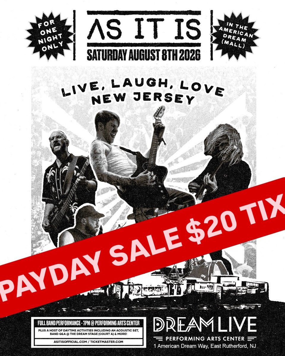 ASITISofficial's tweet photo. want to see us in New Jersey next week for only $20 (+ the usual nonsense fees)???

running a payday sale. hit UNLOCK on the ticket page and use code LIVELAUGH20VE to get discounted tickets to our only USA show of 2026!

see you next weekend America 🇺🇸 

https://t.co/QhPnjNk7xH https://t.co/AiavITmBup