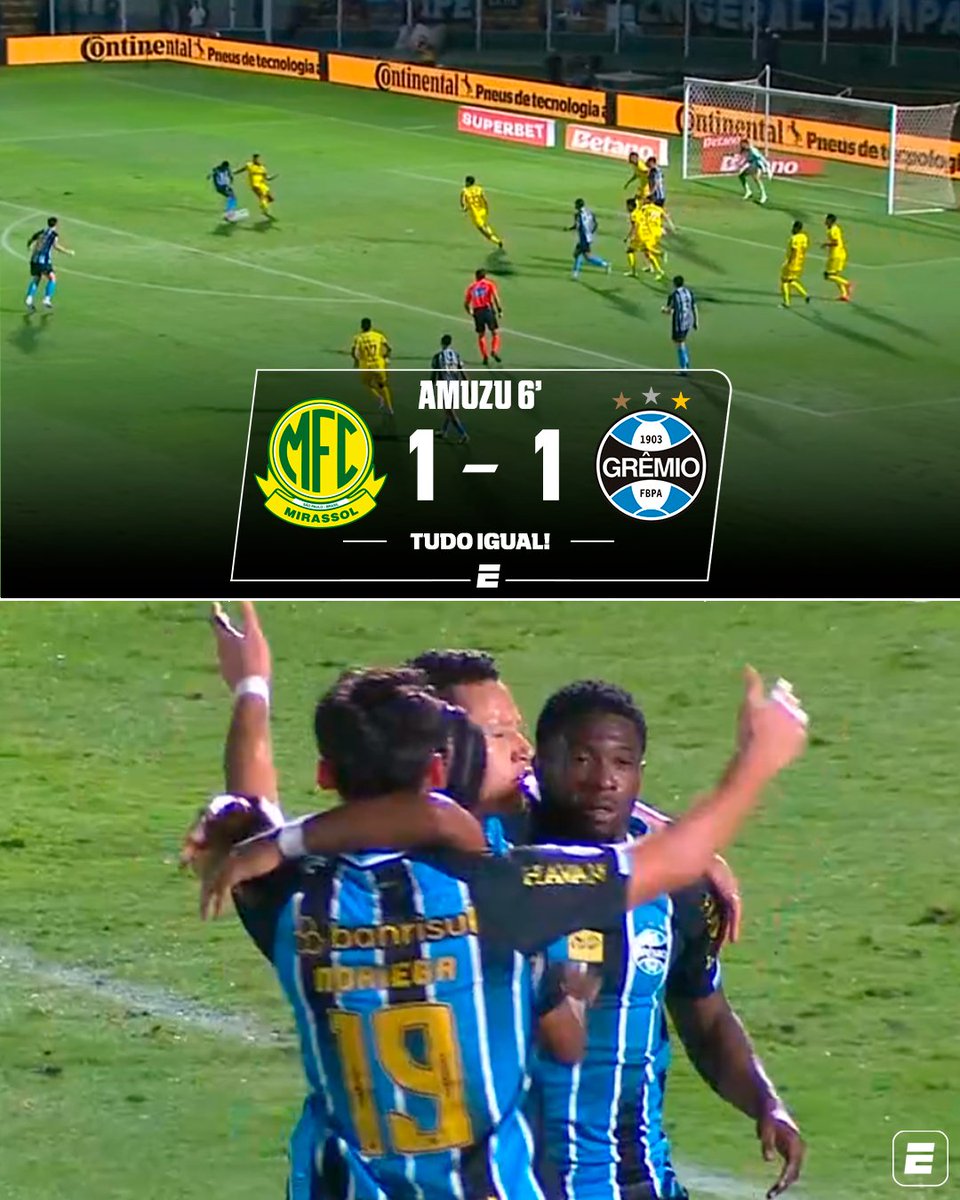SportsCenterBR's tweet photo. GOOOOOOOOOOOOOL DO GRÊMIO! O BELGA AMUZU DEIXA TUDO IGUAL EM MIRASSOL NA IDA DAS OITAVAS DA COPA DO BRASIL! 🔥 🔥 🔥
#FutebolNaESPN #Grêmio #Mirassol #CopaDoBrasil https://t.co/7C2Z7BHyo2