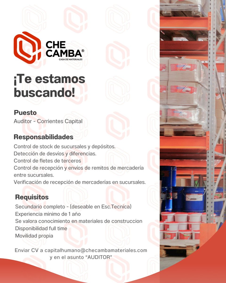 tneaar's tweet photo. ⚠Secundario completo (preferentemente egresado de Escuela Técnica).

🔴⚫️ #CORRIENTESCAPITAL - Che Camba busca #AUDITOR/A

👉 Enviá tu CV a: 📧 capitalhumano@checambamateriales.com indicando en el asunto: "AUDITOR"

#TNEA #Corrientes #empleoar #trabajoar https://t.co/mw3ozVDFY4
