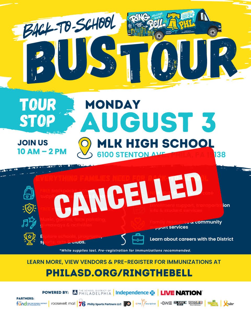 PHLschools's tweet photo. ⚠️ Due to forecasted inclement weather, tomorrow's Back to School Bus Tour stop at MLK High School (Aug. 3) has been cancelled. The event will be rescheduled for a later date. Updated details will be shared soon. #PHLed https://t.co/026GS9QlQK