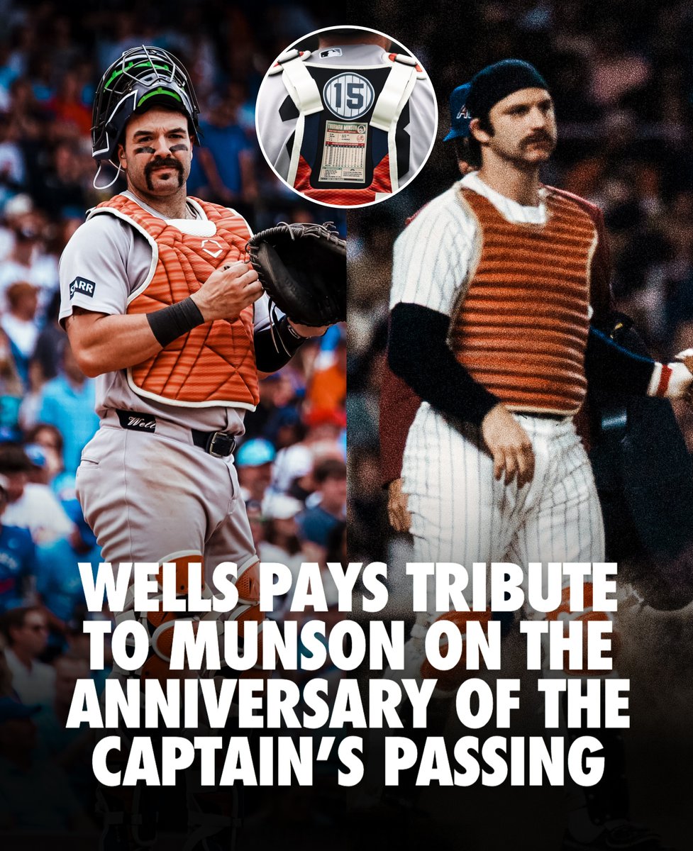 Yankees's tweet photo. Austin Wells wore custom catcher's gear today to honor Thurman Munson on the 47th anniversary of Munson's passing 💙 https://t.co/jnt4W9o1CW