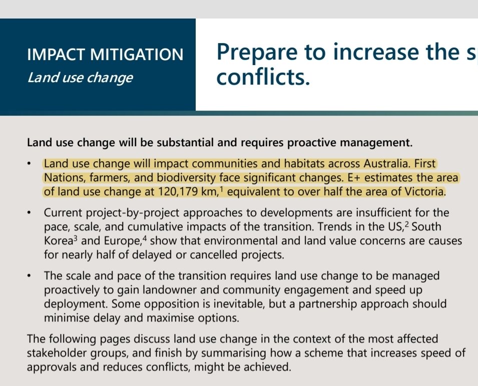 mattjcan's tweet photo. I see a lot of people confused about just how land intensive solar and wind power is. 

This is from a report from Net Zero Australia that shows to get to net zero we could need 120,000 square km of land, or 12 million hectares in land for solar, wind and the associated transmission lines. 

Most of this land comes from freehold or leasehold farming land. This is one reason why farmers are mostly opposed to the large scale rollout of industrial wind and solar projects.

Net Zero Australia say that this amount of land is "equivalent to over half the size of Victoria." It is also two times the size of Tasmania.

Net Zero Australia is a consortium of the University of Melbourne, the University of Queensland, Princeton University and the Nous Group. They support the goal of net zero. 

I don't!