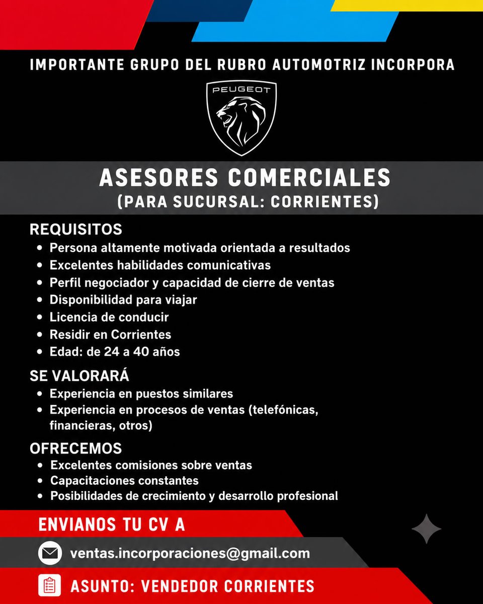 tneaar's tweet photo. 🔴🟡 #CORRIENTESCAPITAL - Importante grupo del rubro automotriz incorpora #ASESORES #COMERCIALES

👉 Enviar CV a: 📧 ventas.incorporaciones@gmail.com con Asunto: "VENDEDOR CORRIENTES"

#TNEA #Corrientes #empleoar #trabajoar https://t.co/yZsc8yDS6o