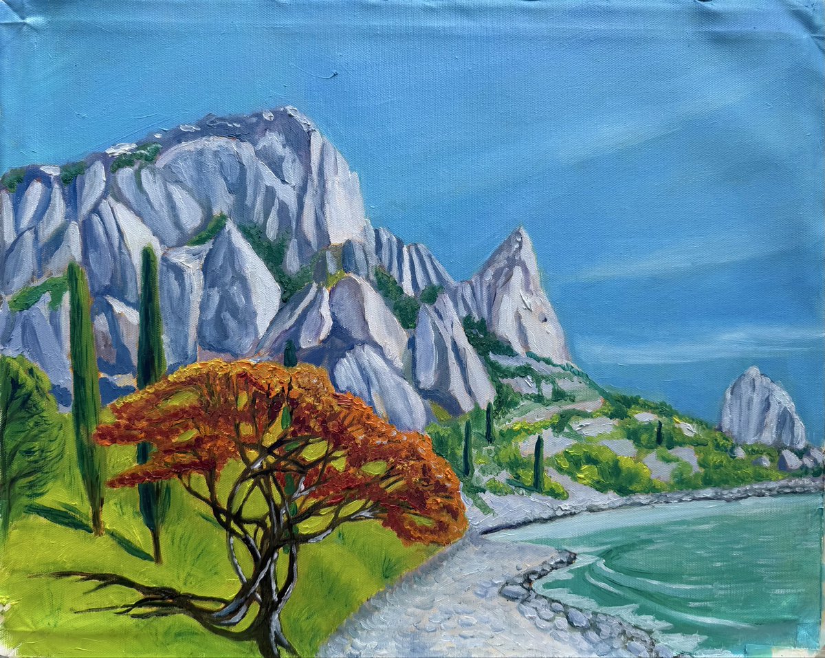An_Pogor's tweet photo. Гора Кішка, Qosh-Kaya (Cat Mountain or Double Rock) in Crimea, Ukraine. Situated near little town Сімеїз (Simeiz). Oil on canvas, 2026. https://t.co/olMJZxQNPy