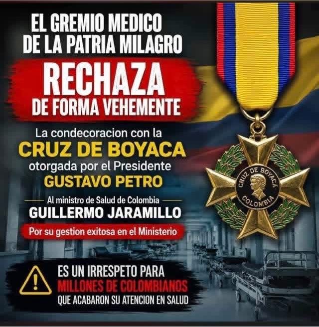 waldoalarconho1's tweet photo. La imposición de la medalla Cruz de Boyacá al ministro de Salud Guillermo Jaramillo debe ser revocada por el nuevo gobierno. Esta distinción se otorga a quienes hacen el bien y no a quien atentó contra la vida de miles de colombianos como Jaramillo. https://t.co/eDl04cNhVr