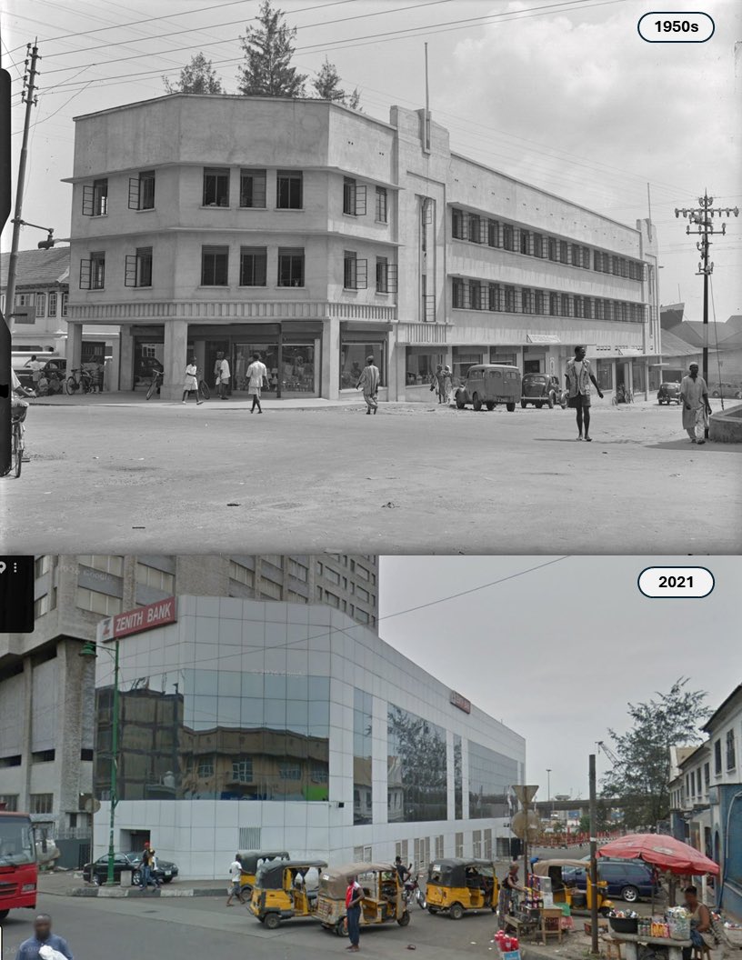 nnamdinnake's tweet photo. THIS BRANCH OF @ZenithBank Nigeria PLC (bottom) occupies an iconic spot at the intersection of Broad Street and Issa Williams Street. It was originally built in the mid- to late-colonial period as a retail outlet for G. Gottschalck & Co. (West Africa) Ltd., a hardware trading firm that later became a division of UAC Nigeria. The top image was captured in the 1950s, when Issa Williams was known as Bishop Street.
 
The G. Gottschalck retail store was massive, sitting astride the southern end of Bishop Street, with entrances on Broad Street and Marina Road intersections. A Posts & Telegraphs Department pole is visible in the right corner, carrying telegraph and telephone lines. The skyscraper in the background of the 2019 image, is the iconic UBA House. Do you recognize this place?
 
#zenithbank #gottschalck #uac #ubabank #colonial #nigeria #British #empire #technology #telegraph #telephone #infrastructure #photography #lagos #history #marina #communications
 
“Copyright © 2026 the Melville J. Herskovits Library of African Studies, Northwestern University Libraries. Courtesy of the Melville J. Herkovits Library of African Studies E. H. Duckworth Photograph Collection, Northwestern University Libraries.”
