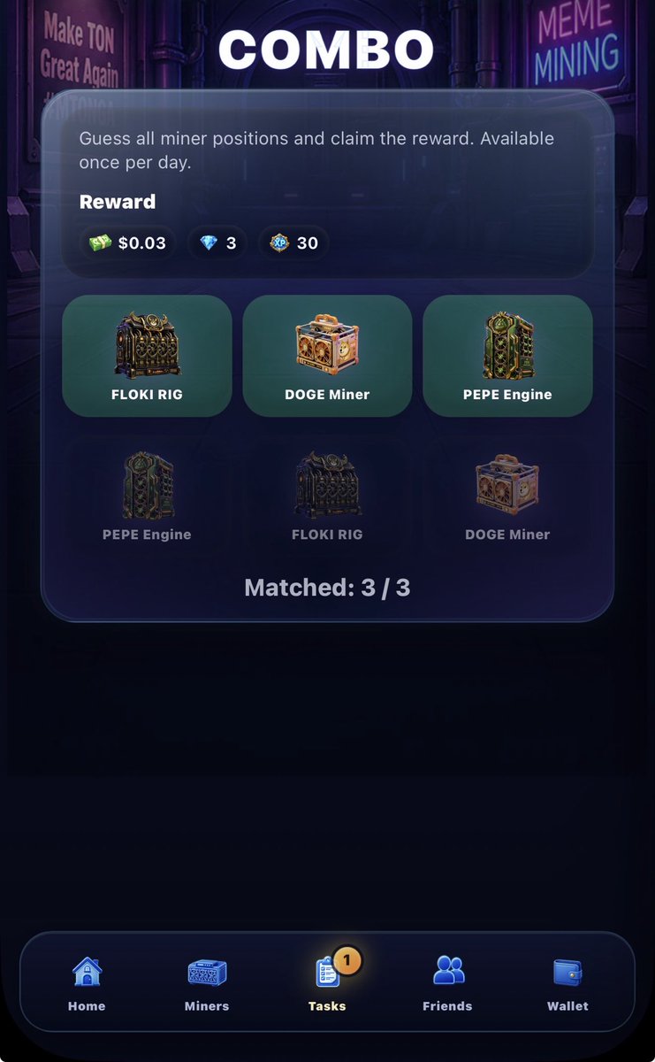 MemeMiningHub's tweet photo. 🚀 Another Day, Another Combo!
Today's rewards are waiting.
Complete it before reset and keep the momentum going. ⛏️
#TON #GameFi https://t.co/NhTQ30E40A