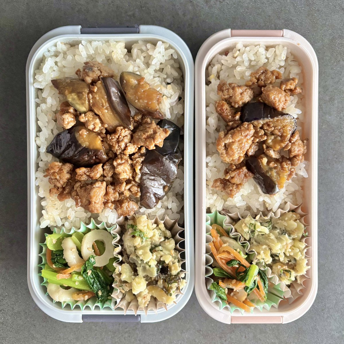 tumaotogohan's tweet photo. 今日のお弁当
・茄子ボロネーゼ
・小松菜とちくわの胡麻和え
・塩昆布大葉の和風ポテサラ

#旦那ごはん　#旦那弁当　#嫁弁当 https://t.co/OSSfjrrwb0