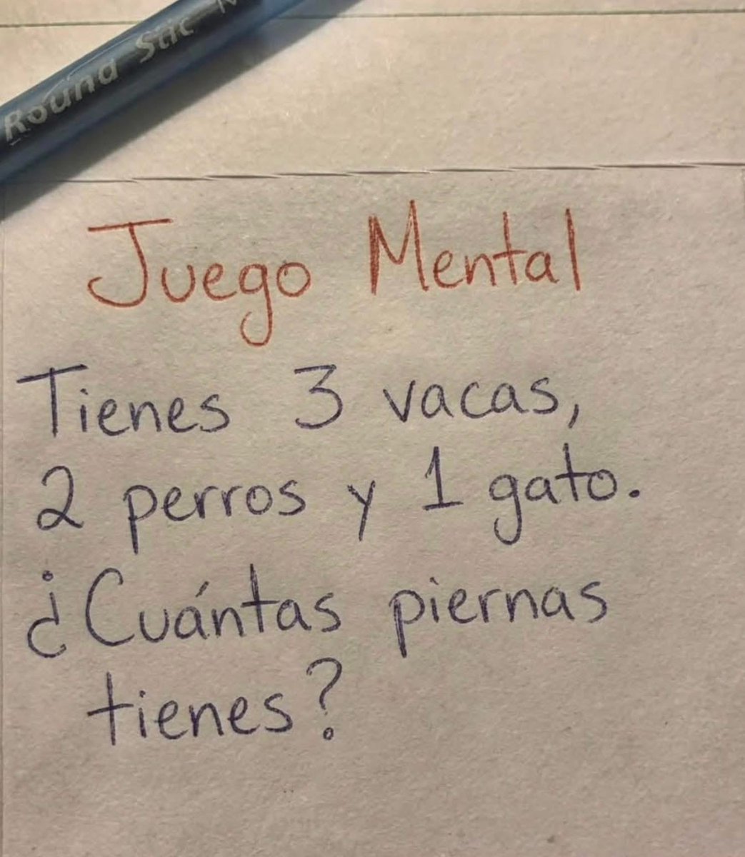 Inahollis7's tweet photo. Tienes 3 Vacas, 2 perros y 1 gato.
Cuántas piernas tienes?
#juego #mental #sabes https://t.co/4FhF42S1N5