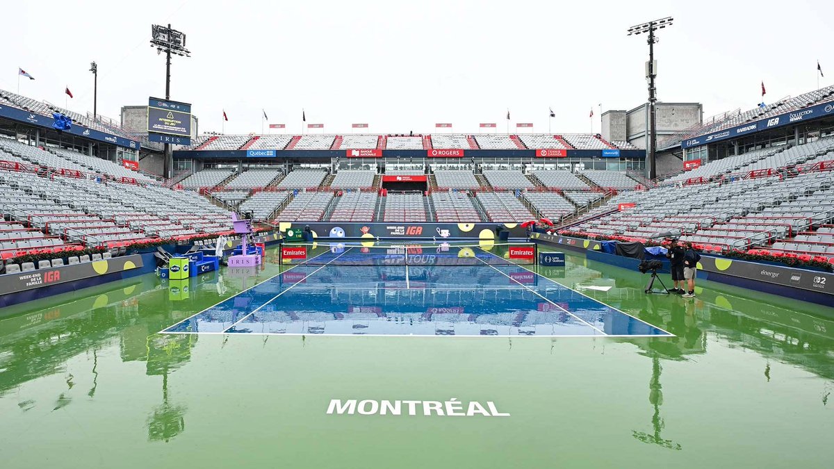 UniversTennis's tweet photo. 🚨🌧️ JOURNÉE COMPLÈTEMENT ANNULÉE À MONTRÉAL !

La pluie a provoqué l’annulation de TOUS LES MATCHS encore prévus ce dimanche au Masters 1000 de Montréal. Sur les 14 rencontres programmées, seules deux ont pu aller à leur terme. 🇨🇦☔️ https://t.co/i1OwLP3Ul4