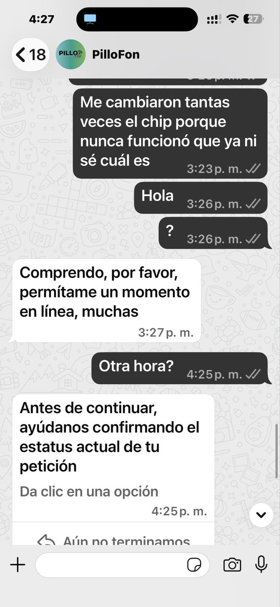 llamasjav's tweet photo. Esto es una burla mande mensaje desde la 1 pm me atendieron hasta las 3:20 a las 3:27 me dicen que los espere y no me ponen ya nada y me dicen que me van a asignar. Ayer fue lo mismo y toda la semana. Esto es una falta de respeto @PilloFon_MX @LuisitoComunica https://t.co/wq95YEd2qT