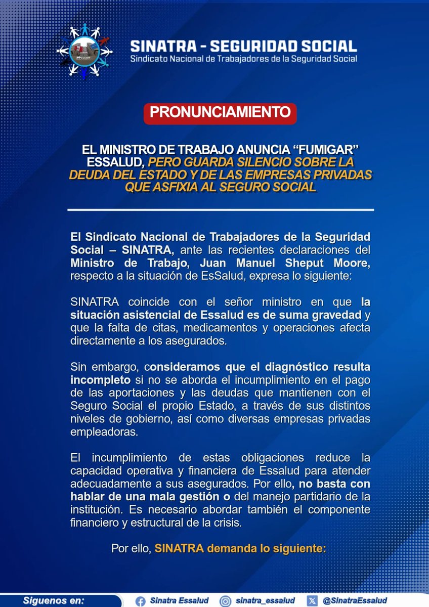 SinatraEssalud's tweet photo. 📢 El Sindicato Nacional de Trabajadores de la Seguridad Social – SINATRA, comunica lo siguiente: 

@EsSaludPeru @MTPE_Peru @JuanSheput https://t.co/TiYBL7u8T8