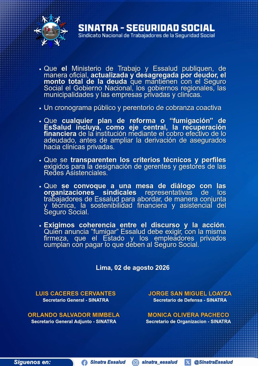 SinatraEssalud's tweet photo. 📢 El Sindicato Nacional de Trabajadores de la Seguridad Social – SINATRA, comunica lo siguiente: 

@EsSaludPeru @MTPE_Peru @JuanSheput https://t.co/TiYBL7u8T8