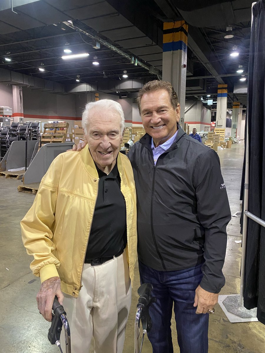 Theismann7's tweet photo. It was great seeing Coach Marv Levy at the @nsccshow in Chicago. Tomorrow he celebrates an incredible 101st birthday! Wishing a very happy birthday to a wonderful man. https://t.co/bnuzhQcIRr