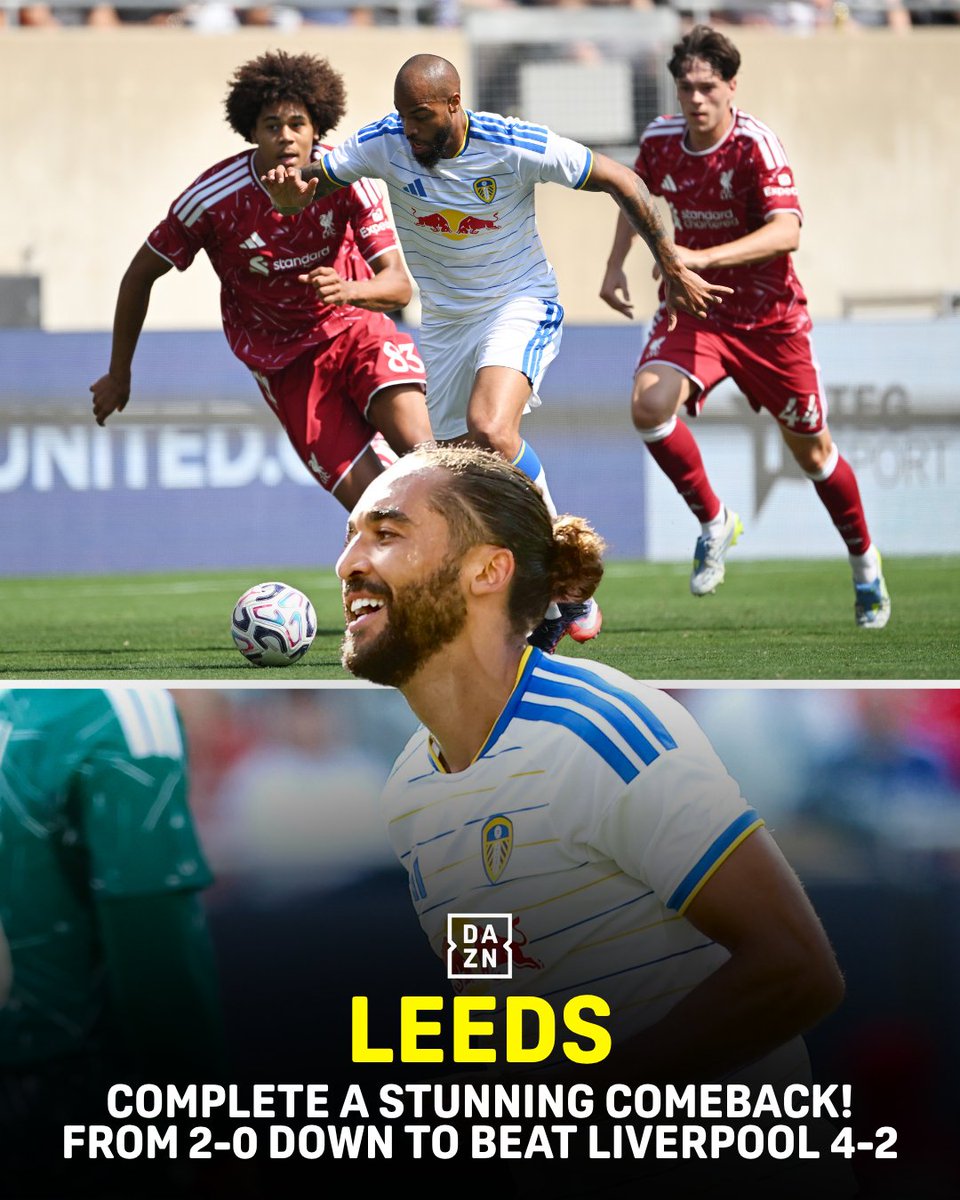 DAZNFootball's tweet photo. Dominic Calvert-Lewin's brace inspires Leeds to a stunning 4-2 comeback win over Liverpool in a preseason friendly. 🤯 https://t.co/xtlQvil2eS
