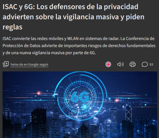 mundo_viperino's tweet photo. Las autoridades de protección de datos de Alemania (DSK) advierten que el 6G, con la tecnología ISAC, convertirá las redes móviles y el WiFi en un sistema de radar permanente.

A diferencia del seguimiento actual, no necesita que lleves un teléfono: las ondas de radio rebotan en el cuerpo y captan movimientos, respiración y latidos de cualquier persona que se encuentre en la zona de cobertura.

Operadores como Vodafone ya demuestran esta capacidad con antenas comerciales en redes 5G.

La agencia europea ETSI ha identificado 19 riesgos críticos, entre ellos el “sensing no autorizado”: criminales podrían mapear edificios, localizar personas o extraer información confidencial sin permiso.

Como la sensorialidad formará parte de la propia infraestructura de la red, el consentimiento individual resulta prácticamente imposible. Por eso exigen que la privacidad se incorpore desde el diseño de los estándares, antes de que la tecnología se despliegue de forma masiva.

Fuente: https://t.co/rhovgsxfQO

Etiqueto a mis compañeros @Alex_Diaz_68 @jsobrevive @MagnateLadrillo @EliasGrima @pegasusQ2004