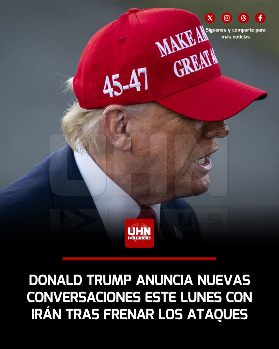 UHN_Plus's tweet photo. 🇺🇸🇮🇷‼️ | LO ÚLTIMO — El Presidente Donald Trump anunció que este lunes comenzarán nuevas conversaciones con Irán tras frenar los ataques previstos contra el régimen, que según afirmó “iban a ser, por mucho, los mayores desde la Segunda Guerra Mundial”. Teherán solicitó a Washington desistir de los bombardeos para avanzar hacia un posible acuerdo.