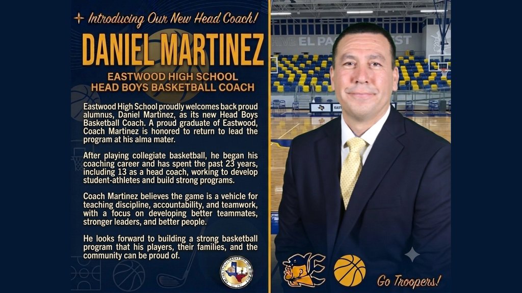 EastwoodHQ's tweet photo. 🏆 A New Era of Trooper Athletics! 💙💛
Eastwood High welcomes our newest Head Coaches:

🏀 Daniel Martinez – Boys Basketball
🤼 Devin Vasquez – B/G Wrestling
⛳ Mike Casas – Boys Golf
📣 Stephanie Delgado-Rangel – Cheer

Join us in giving them a warm Trooper welcome! 👏 https://t.co/APKGKZ6Ra4