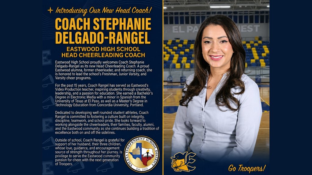 EastwoodHQ's tweet photo. 🏆 A New Era of Trooper Athletics! 💙💛
Eastwood High welcomes our newest Head Coaches:

🏀 Daniel Martinez – Boys Basketball
🤼 Devin Vasquez – B/G Wrestling
⛳ Mike Casas – Boys Golf
📣 Stephanie Delgado-Rangel – Cheer

Join us in giving them a warm Trooper welcome! 👏 https://t.co/APKGKZ6Ra4