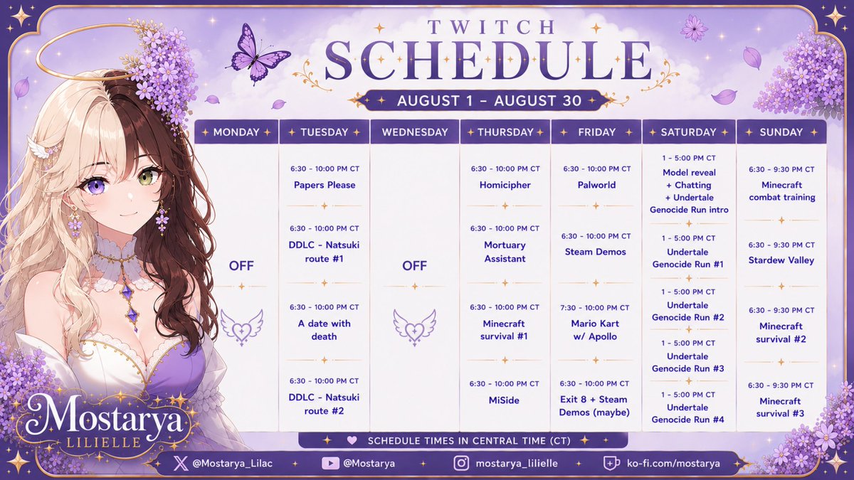 Mostarya_Lilac's tweet photo. Here's my #Twitch streaming schedule for August. I will update in case of any changes.

#MostaryaVT https://t.co/v1GbhE2dt2