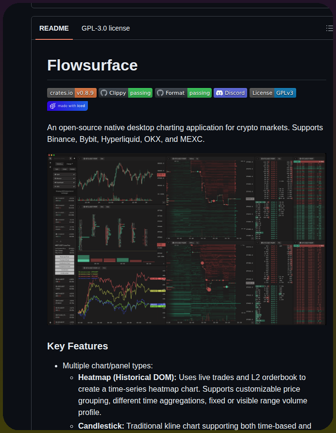Flowsurface는 암호화폐 시장을 위한 오픈 소스 네이티브 데스크톱 차팅 플랫폼입니다. 대표 이미지